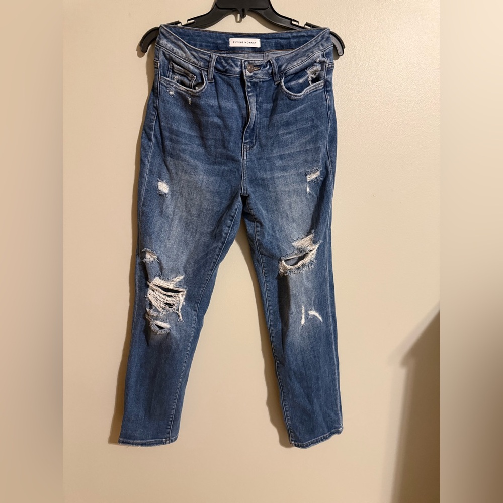 Flying Monkey Distressed Ankle Jeans in Dark Blue